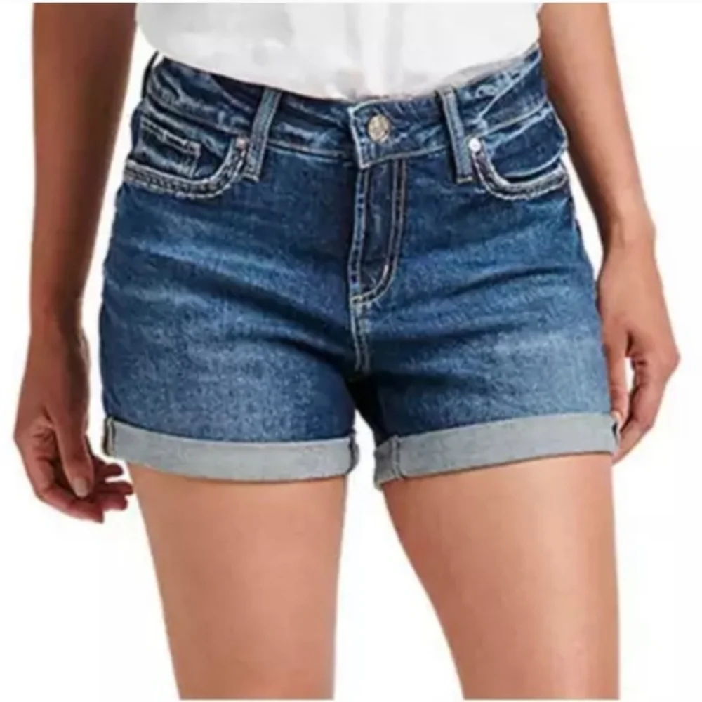 Silver Jeans Elyse Curvy Fit Blue Denim Mid Rise Jean Shorts Size W32 Like New